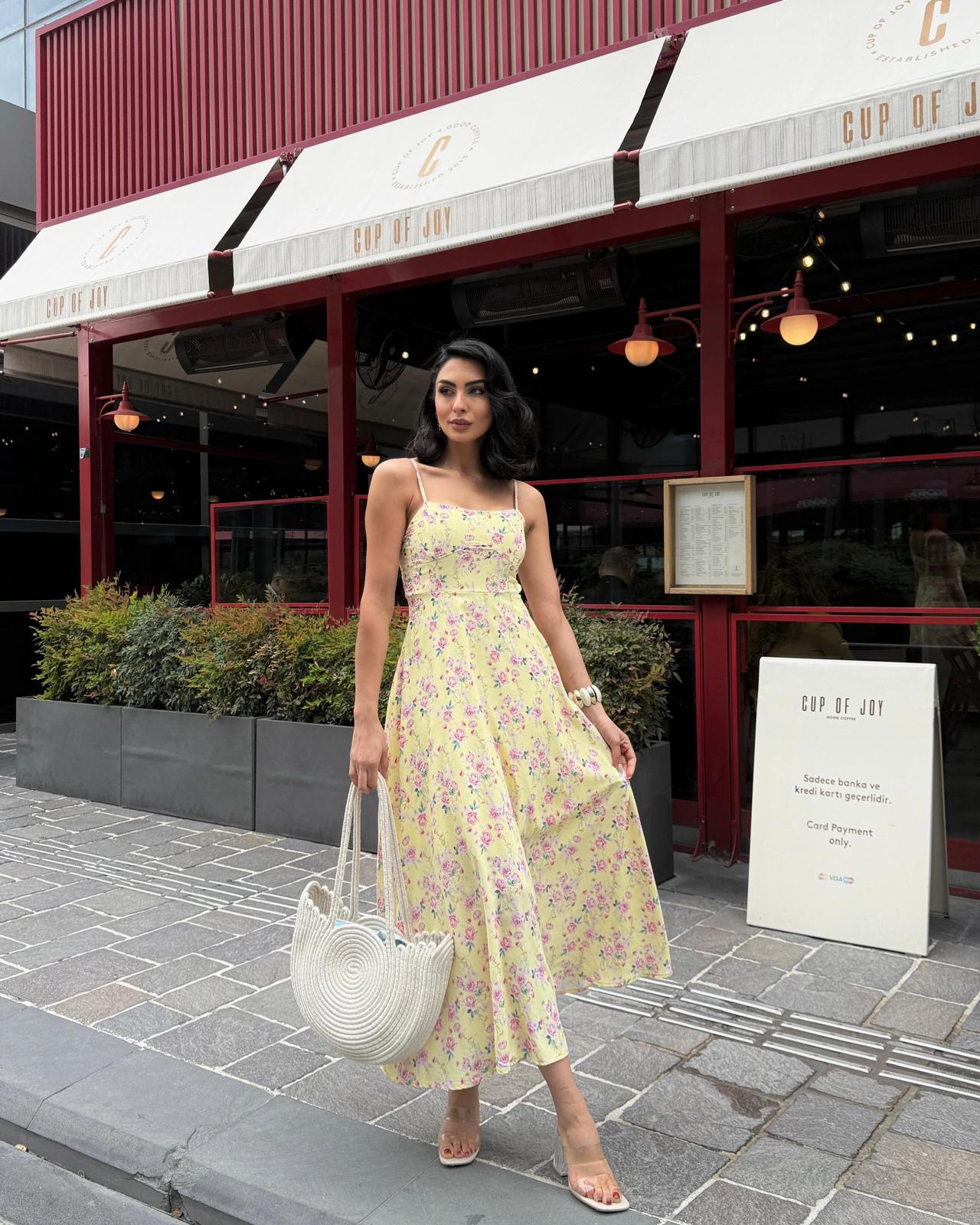 Çiçekli Maxi Elbise Sarı